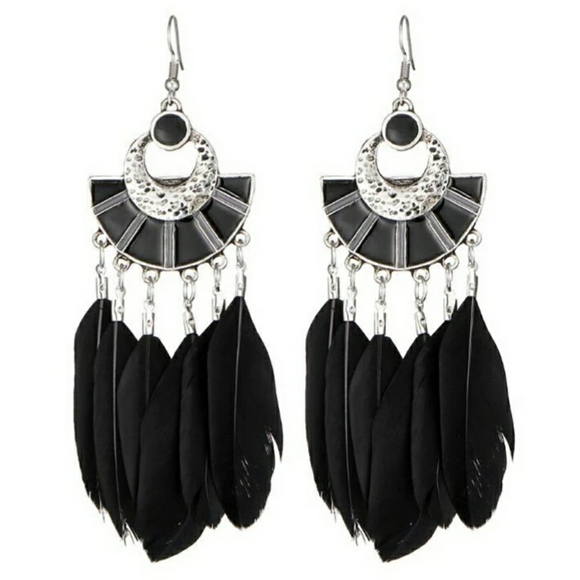 Jewelry - Black Long Feather Earrings